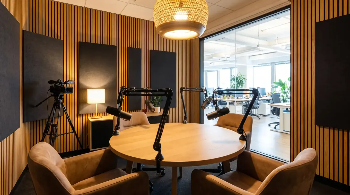 The content studio: a round oak table with four microphones on arms, acoustic panels on slatted walls, and a camera on a tripod. Concept rendering of the planned MOCO™ Studio, Savannah.