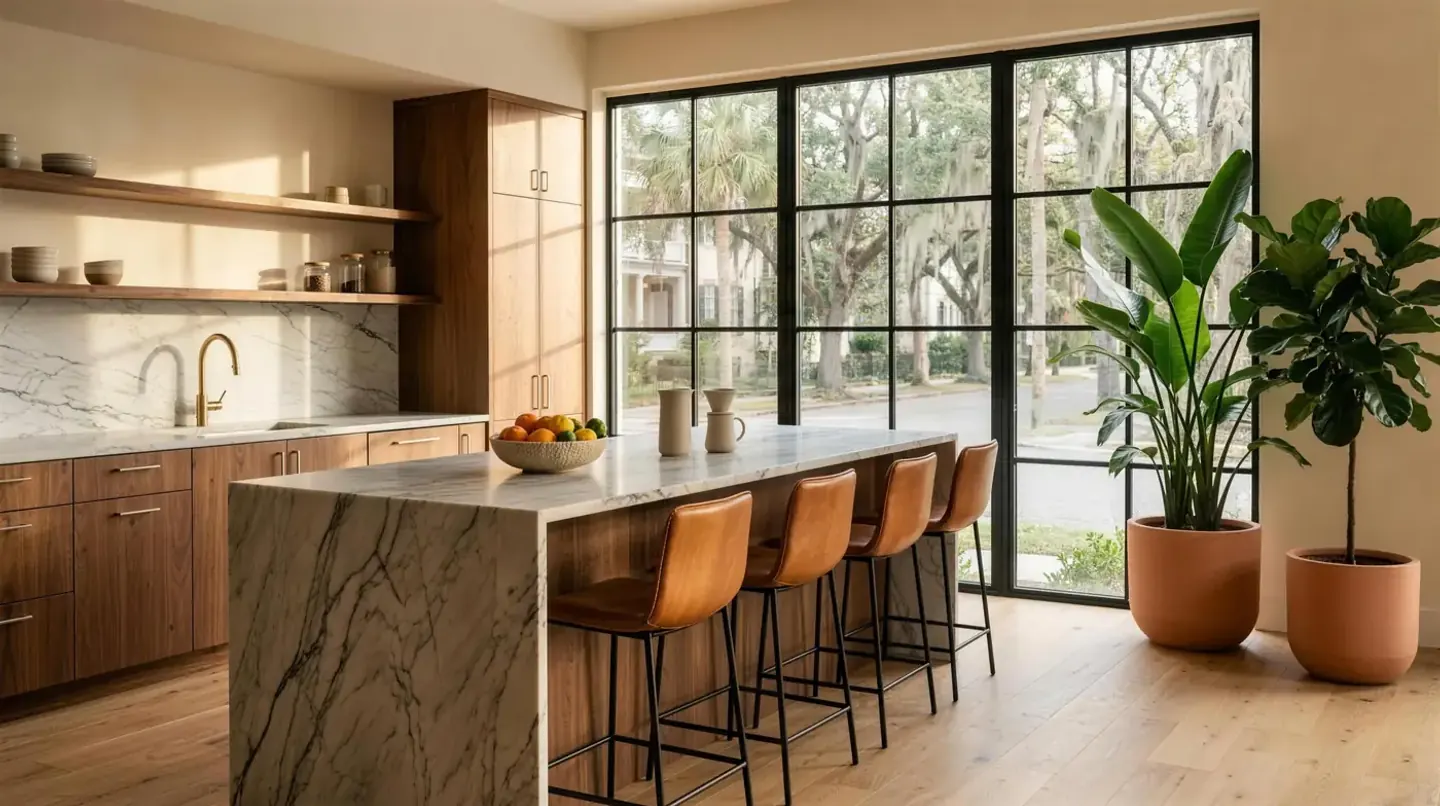 The studio kitchen and commons: a marble island with leather stools and steel windows onto a Savannah street lined with live oaks. Concept rendering of the planned MOCO™ Studio, Savannah.