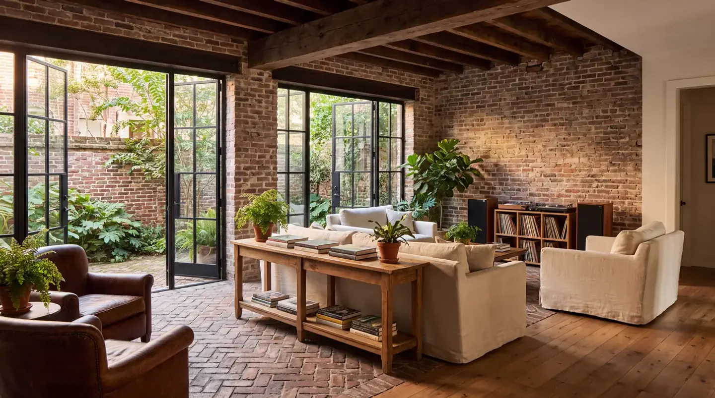 A brick loft at golden hour with a long oak table, a linen sofa, a record shelf, and steel doors open onto a courtyard. Concept rendering of the planned MOCO™ Studio, Savannah. Not a photograph of a current facility.