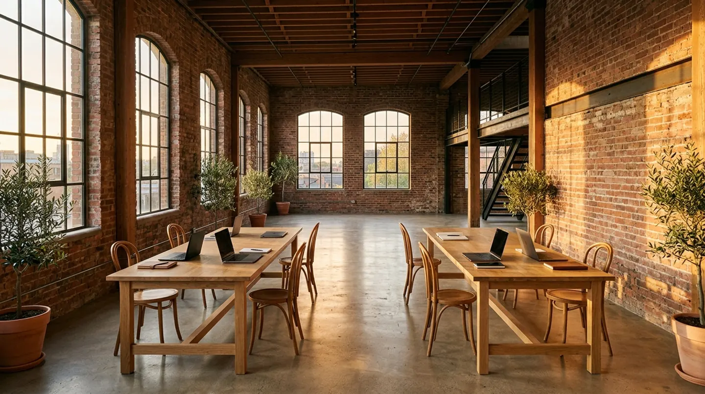 Concept rendering of an open brick studio with arched windows and long oak desks. Planned MOCO™ Studio, Savannah.